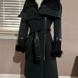 Mackage Dark Green Trench Coat with real Black Fur Trim